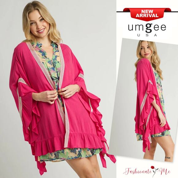 Umgee Ruffle Trim Delicate Crochet Lace Accents Loose Open Front Kimono | Pink - Picture 1 of 5